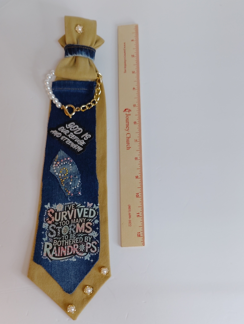 Embellished Denim & Mustard Necklace Necktie with Inspirational Patches - Picture 3 of 3
